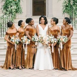Elegant African Brown Velvet Mermaid Bridesmaid Dresses Long Front Split Off Shoulder Wedding Guest Dress Plus Size Maid Of Honour Gowns