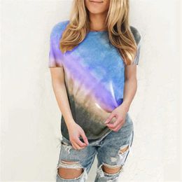 Summer Women Five Color Tie-dye Gradient Color T-shirt O-neck Tops Blouses Five-color Twill Plus Size Tee Shirt Femme 210608