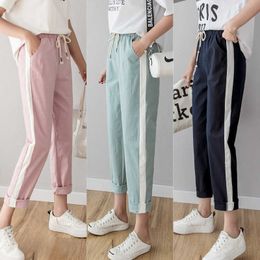 Cotton Linen Ankle Length Pants Women's Spring Summer Casual Trousers Pencil Casual Pants Striped Women's Trousers Green Pink 210527