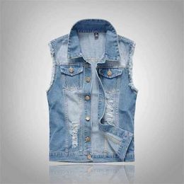 Men Korean Slim Light Blue Denim Vest Retro Simple Casual Waistcoat Ripped Hip Hop Sleeveless Solid Colour Cotton Cowboy Top 210925