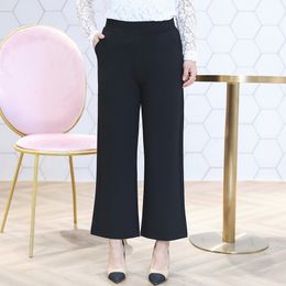 L-6XL Plus Size Spring and Autumn Stretch Straight Wide-leg Pants Nine-point Loose Black Office Ladies Trousers 210527
