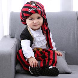 with Cap Vest Red Knight Pirate Halloween Costume Jumpsuit Stripe Suit baby boy Halloween party dress children kid clothes 3-15M 210226