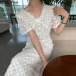 Korejpaa Women Dress Summer Korean Chic Ladies Elegant Temperament V-Neck Button Heavy Lace Crochet High Waist Vestidos 210526