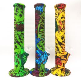 14" Silicone Smoking Bong Unbreakable Colorful Patterned Straight Tube Dry Herb Tobacco Tall Water Pipe With 14mm Glass Bowl