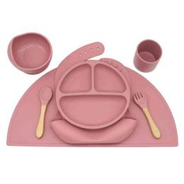 Baby Silicone Bib Divided Dinner Plate Suction Bowl Spoon Fork Water Cup Placemat Set Training Feeding Food Utensil Dish G1210
