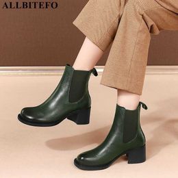 ALLBITEFO winter genuine leather brand high heels party women boots thick heels ankle boots for woemn snow girls shoes 210611