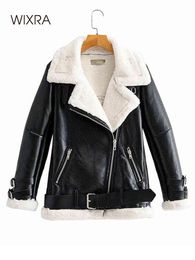 Wixra Fake Faux Leather Jackets Womens Winter Thick Warm Coats With Lamb Wool Autumn Lace-up Casual Coats For Female 211118