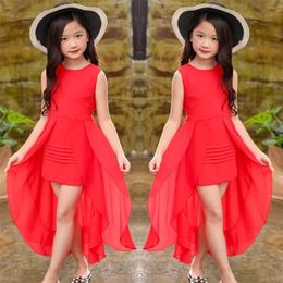 Girls Chiffon Dress Summer Sleeve Irregular Elegant Princess Party Dress 5 6 7 8 9 10 11 12-year-old children's clothing 210303