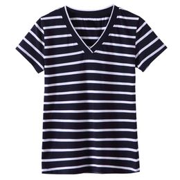 Women's T-Shirt 2021 Summer Short-sleeved Striped Shirt Ladies Slim V-neck Stitching Cotton Large Size Bottoming