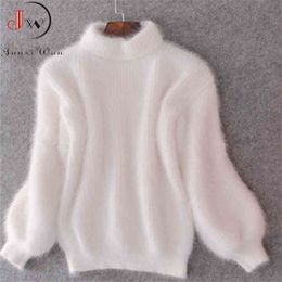 White Mohair Thicken Turtleneck Sweater Autumn Winter Sweet Fashion Lantern Sleeve Casual Solid Colour Pullover pull femme 210922