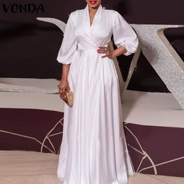 VONDA Summer Long Maxi Party Dress 2021 VONDA Sexy V Neck Long Sleeve Solid Dresses Plus Size Bohemian Vestidos Femme Sundress X0521