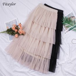 Fitaylor Spring New Sweet Cake Layered Long Mesh Skirts Princess High Waist Ruffled Vintage Tiered Tulle Pleated ins Skirts 210310