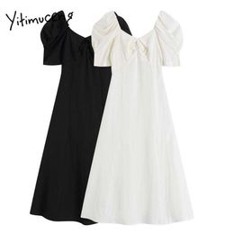 Yitimuceng Ruched Dresses For Women Summer Puff Sleeve High Waist A-Line Unicolor White Black Korean Fashion Maxi Dress 210601