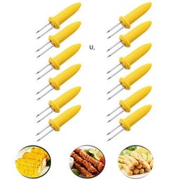 Stainless Steel BBQ Corn Holders Corn on The Cob Skewers Fruit Forks Outdoor Barbecue Fruit Fork Kitchen Tool GCE13296