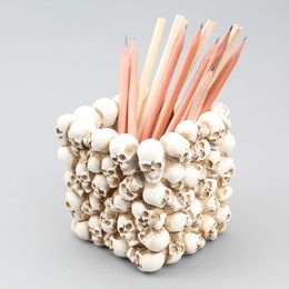 Resin 3D Skull Storage Box Figurine Skeleton Makeup Pen Holder Flower Pot Home Office Organiser Stationery Container Flowerpot 210626