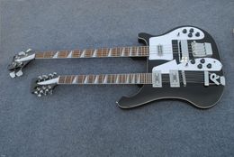 Factory custom 12+4 Strings Black body Double Neck Electric bass Guitar With Chrome hardware,Rosewood fingerboard,Provide customized service