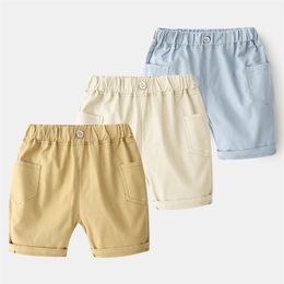 Boys Beach Shorts Summer Todder Baby Causal Clothes Kids Solid Color Trousers Pocket Pants 100% Cotton For 2-8 10 Years 210701