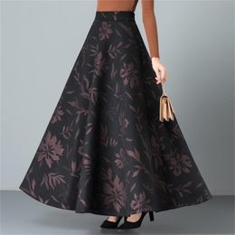 Elegant Spring Winter Printing Woollen Skirts Womens Jupe Femme Vintage Warm High Waist Wool Skirt Mom Casual Maxi Long Skirt 210310