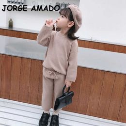 Wholesale Spring Korean Style Baby Girl 2-pcs Sets Sweater Solid Colour Top+elastic Waist Pants Kids Clothes E2082 210610