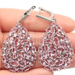 55x33mm Awesome Long Big Size Created 19g Pink Kunzite Bright Zircon Ladies Silver Earrings