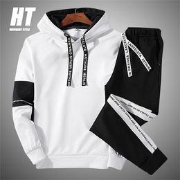 Men's Casual Tracksuit Sportswear Men Hooded Sweatshirt Patchwork Fashion Slim Fit Gym Fitness 2 PC+Pants Jogging Sets 210806