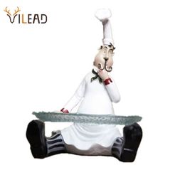 VILEAD 26cm Resin Chef Holding Fruit Plate Figurines Fashion Creative Home Restaurant Table Decoration People Miniature Ornament 210924
