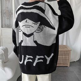 Japanese sweater Luffy knitted casual cute fashion pullover black khaki men's Y0907