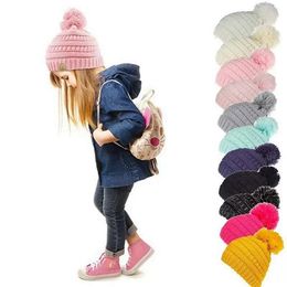 Kids Knitted Hat Braid Hair Ball Wool Caps Winter Cable Knit Slouchy Crochet Outdoor Warm Cap 11 Colours Knitted hats