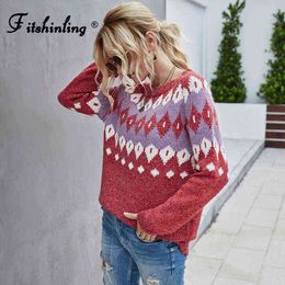 Fitshinling Bohemian Vintage Women Christmas Sweaters And Pullovers Geometric Red Jumper Knitwear Holiday Ugly Sweater Winter Y1118