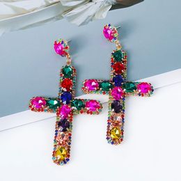 Long Retro Rhinestone Cross Earrings For Women Metal Colorful Crystal Drop Earrings Luxury Shiny Dangle Earring Jewelry
