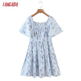Tangada Women Flowers Romantic Dress Flare Short Sleeve Square Collar Females Mini Dresses Vestidos RB25 210609