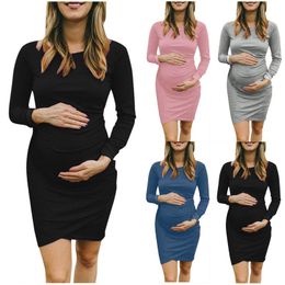 Maternity Dresses Ly Womens Pregnancy Casual Long Sleeve Solid Color Dress Clothes Pregnant Premama Fashion Skirts Clothing