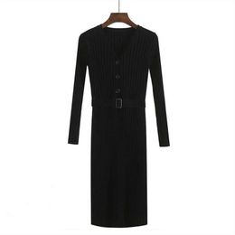 PERHAPS U Black Beige V Neck Long Sleeve Knitted Knee Length Sheath Bodycon Autumn Winter Dress Elegant Button Sash Solid D0830 210529