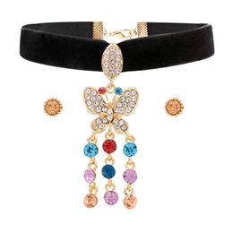 Jewelry Sets Luxury designer Bracelet Butterfly Set Black Velvet Elastic Choker Necklace Colorful Crystal Pendant Women Rhinestone Stud Earr