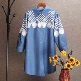 Women's Denim Shirts Korean-Style Embroidered Pluz Size Ladies Blouses and Tops Three-Quarter Sleeve Women Clothing 210615