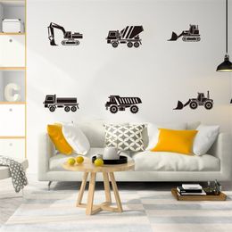 Cartoon 6pcs Construction Truck Crane Bulldozers Wall Decal Kids Room Construction Builder Vehicle Wall Sticker Playroom Vinyl 210310