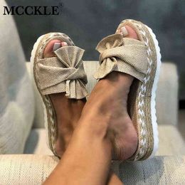 MCCKLE Slippers Women Slides Bow Summer Sandals Bow-Knot Slippers Thick Soles Flat Platform Female Floral Beach Shoes Flip Flops Y0427