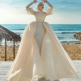 Ivory Vintage Muslim Wedding Dresses Long Sleeves Sequined Bridal Gowns with Detachable Skirt Plus Size Robe De Mariee