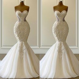 2021 Vestido De Novia Mermaid Wedding Dresses Formal Bridal Gowns Arabic Sweetheart Embroidery Lace Appliques Crystal Beads Luxury Illusion Sweep Train Plus Size