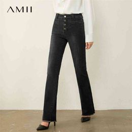 Minimalism Autumn Women's Jeans Fashion High Waist Bell-bottomed Pants Single-breasted Causal Female 12030560 210527