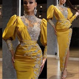 2021 Long Sleeves Evening Dresses High Neck Lace Applique Beaded Crystals Side Slit Mermaid Ankle Length Elastic Satin Prom Party Gowns