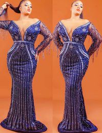 2022 Plus Size Arabic Aso Ebi Luxurious Navy Blue Prom Dresses Beaded Mermaid Evening Formal Party Second Reception Birthday Engagement Gowns Dress ZJ440
