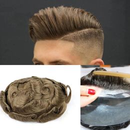 Full Pu Super Ash BlondeThin Skin Man Toupee 100% Human Hair Durable Hairpiece Replacement System Male Prosthesis None Lace Wig