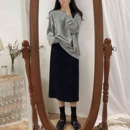 Solid Black Brown Mid Calf Women Skirt Vintage Spring Summer Straight Mi-long High Waist Girls skirts Femininas winter women 211120