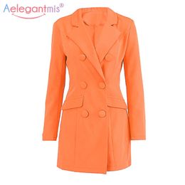 Aelegantmis Sexy Slim Blazer Dress Women Notched Long Sleeve Office Lady Double Breasted Mini Solid Vestidos Mujer Korean 210607