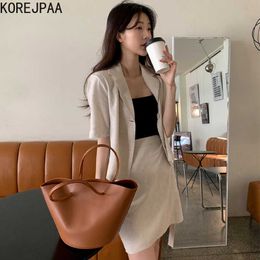 Korejpaa Women Set Summer Korean Simple Temperament Suit Collar Two Button Short-Sleeved Jacket Side Tie Skirts 210526