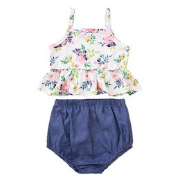 Gilrs Floral Braces Tops+Trousers Outfits Summer 2020 Kids Boutique Clothing Little Girls Rib Tops Triangle Pants 2 PC Set