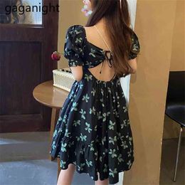 Sexy Back Hollow Out Summer Dress Women Square Collar Short Sleeve Mini Femme Floral Printed A-line es 210601