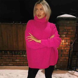 High Neck Knitted Women Sweaters Autumn Winter Pink Orange Neon Green Pullover Casual Knit Sweater Turtleneck Jumper Outfits 210922