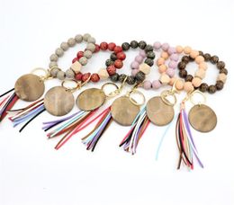 Leather tassel bracelet key ring chains wooden beaded wristlet bangle carved bead elastic wrist bands charm dd888